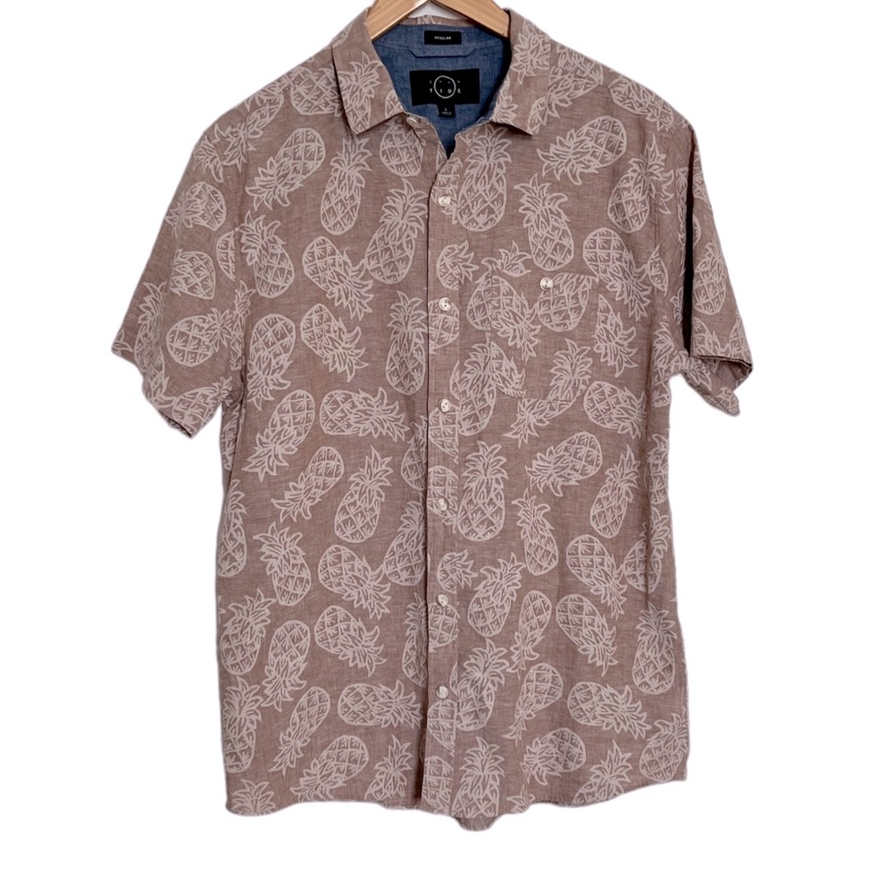 Even Tide NWOT Men's Tan Pineapple Linen Blend Hawaiian Button Down‎ Size Large